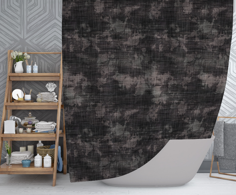 Charcoal gray textured shower curtain with curved bottom and top hanging loops