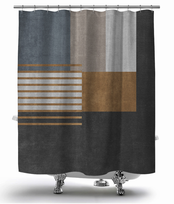Multi-color shower curtain with dark gray, tan, and gold stripe panels