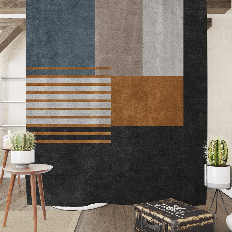 Dark gray shower curtain with tan, blue, and gold stripe panels
