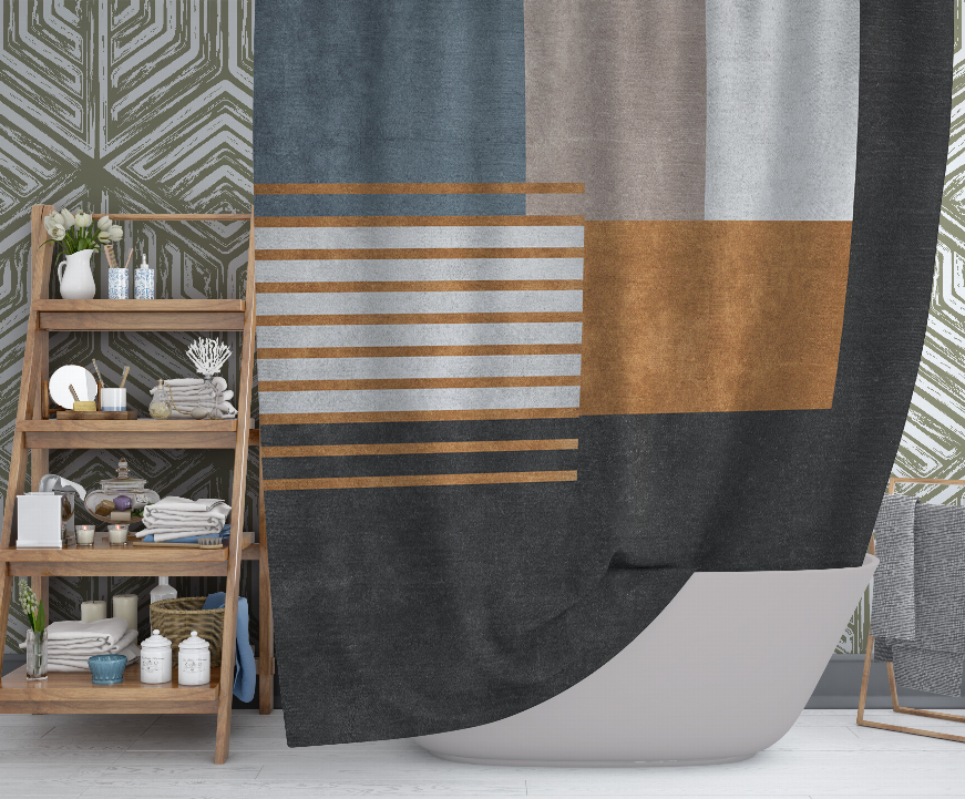 Shower curtain with vertical color blocks and horizontal gold stripe lines on dark gray