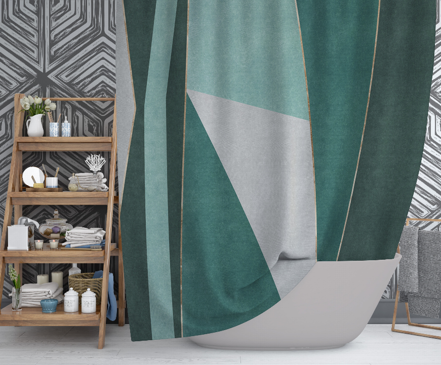 Geometric shower curtain with teal and dark green panels and gray triangular section