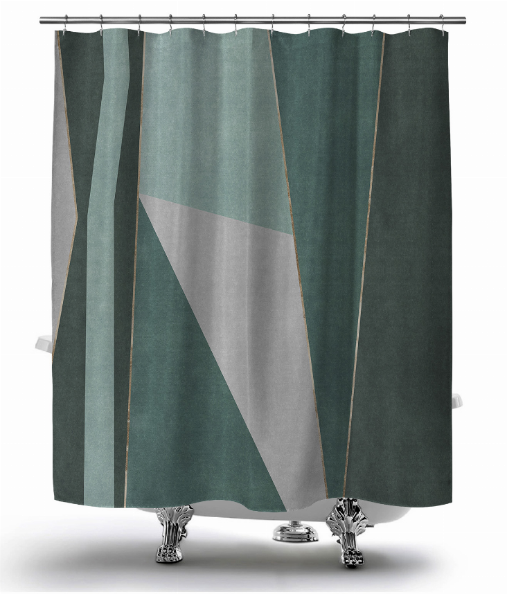 Geometric shower curtain with grommets, dark green and teal stripes and gray triangle