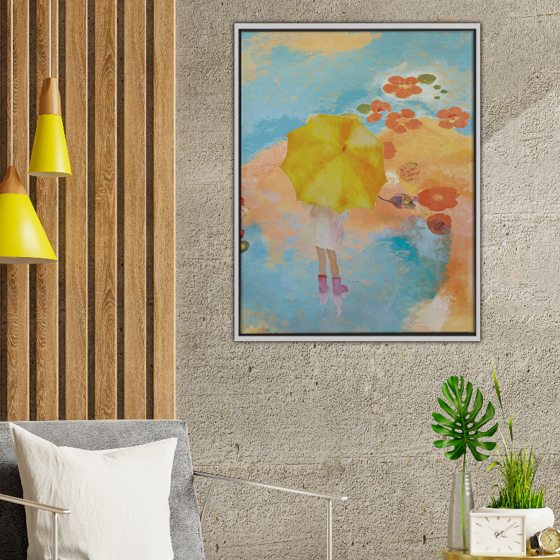 Square framed abstract print with yellow figure, blue sky, and red floral accents