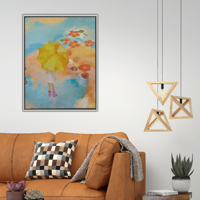 Square framed abstract print featuring a yellow figure with red flower details