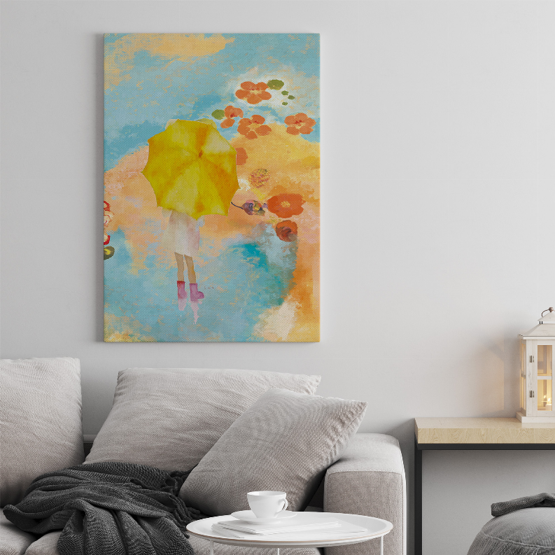 Abstract colorful wall art print with blue background, yellow figure, and orange flowers.