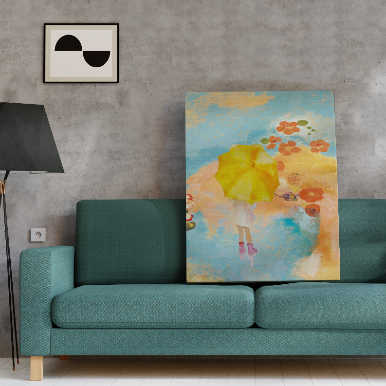 Abstract square wall art print with blue background, yellow figure, and orange flower details.