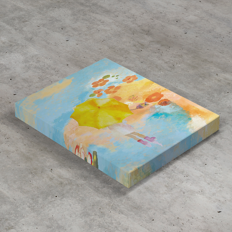 Abstract square canvas-style print in blue with a yellow figure and orange flower details.