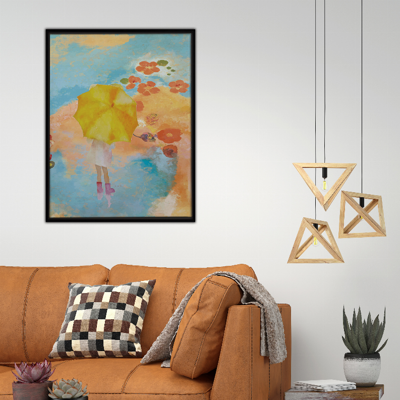 Framed puddle art print: abstract figure with yellow umbrella on blue and orange.