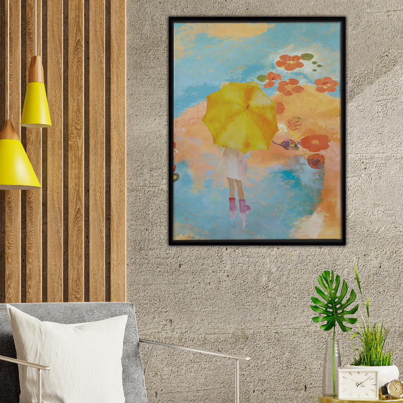 Framed puddle art print with abstract woman under yellow umbrella, teal and orange.