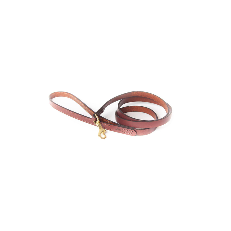 Full-grain leather dog leash in chestnut with brass clasp and keeper loop