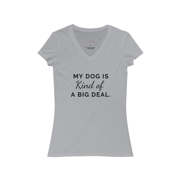 Women's gray v-neck short-sleeve jersey tee with quote graphic in black