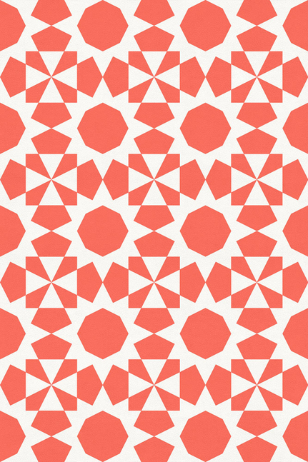 Red and white geometric vinyl floor covering with hexagon and pinwheel pattern
