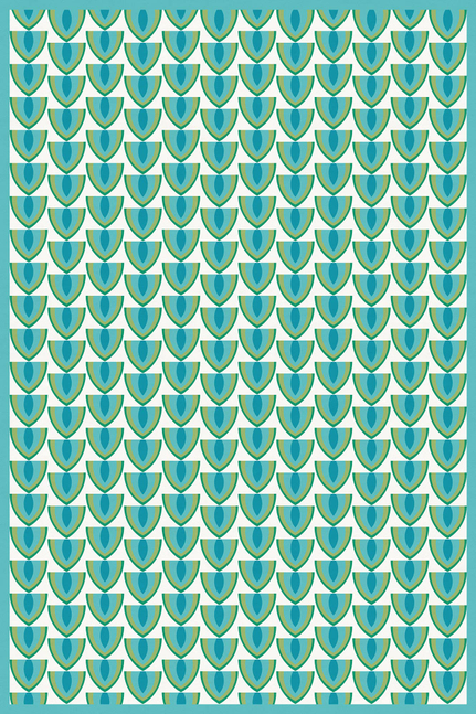 Vinyl floor covering with repeating teal heart-shield pattern and thin border