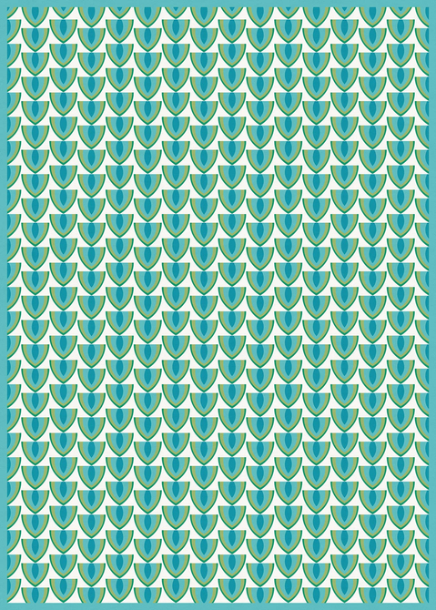 Vinyl floor covering with teal heart-drop pattern on light green background