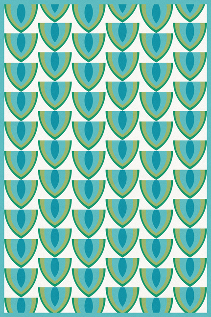 Vinyl floor covering with teal shield icons and yellow highlights on white