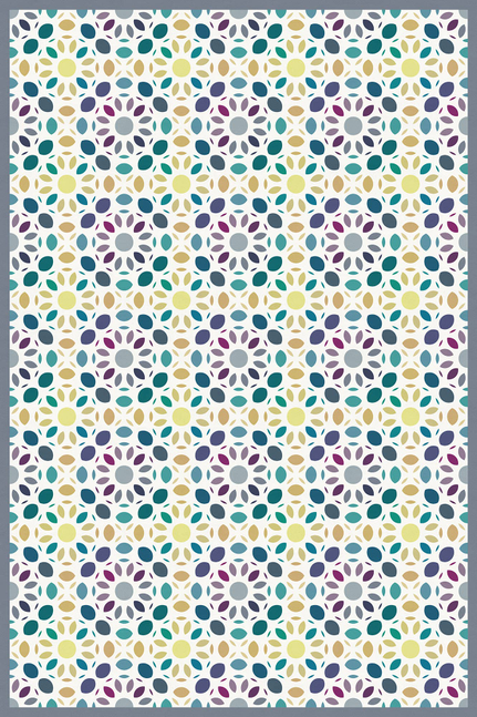 Square vinyl floor covering with multicolor circular medallion pattern