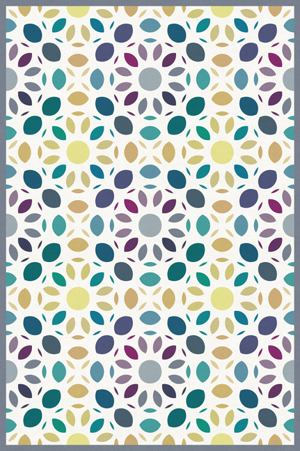 Square vinyl floor covering with multicolor circular and teardrop motif pattern