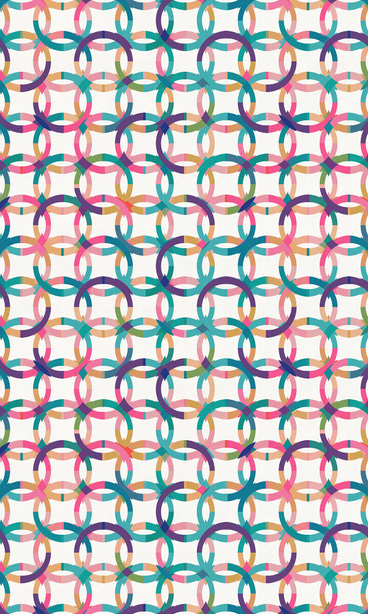Vinyl floor covering with multicolor interlocking ring pattern on light background