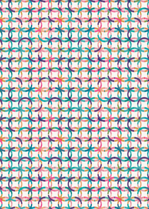 Multicolor vinyl floor covering with repeating linked ring pattern on light background