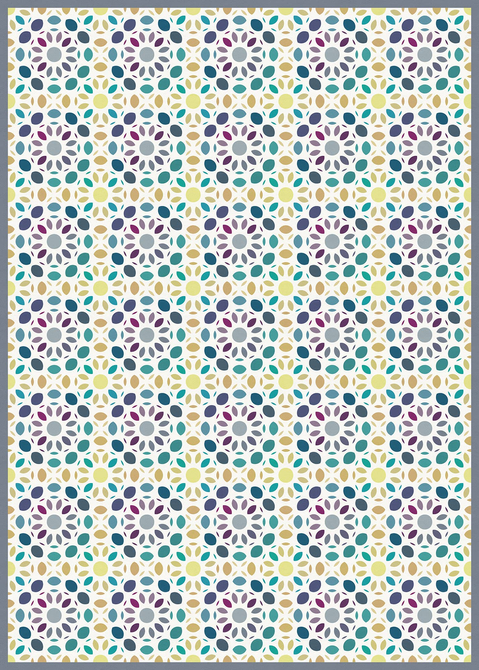 Vinyl floor covering featuring a repeating multicolor circular motif, square edge