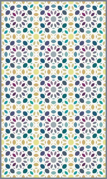 Colorful patterned vinyl floor covering with circular medallion and starburst motifs