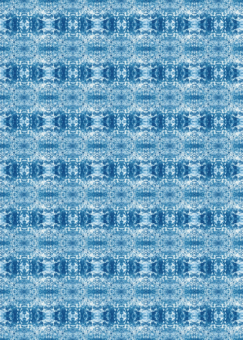 Blue vinyl floor covering with ornate mosaic-style abstract pattern in rows