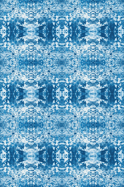 Blue vinyl floor covering featuring large snowflake-like and damask motifs