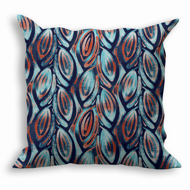 Front-view throw pillow with blue and rust leaf swirl fabric, square shape
