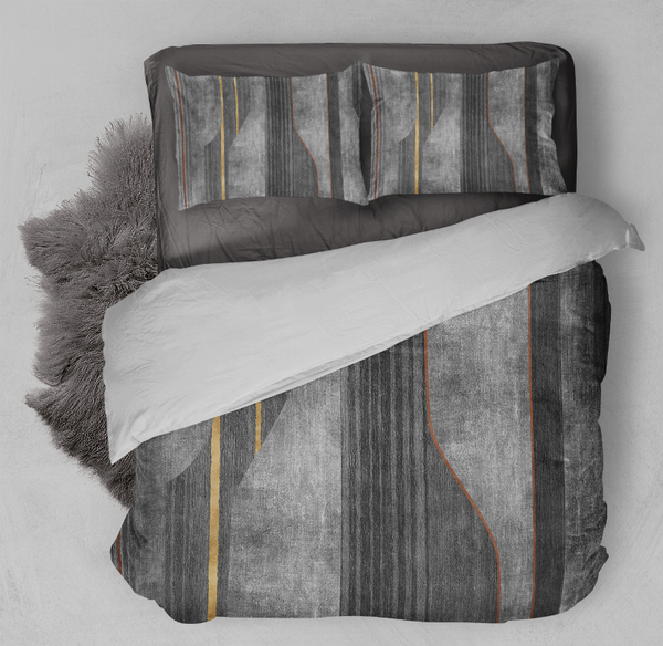 Gray striped comforter set with vertical multicolor accent lines and matching pillow shams