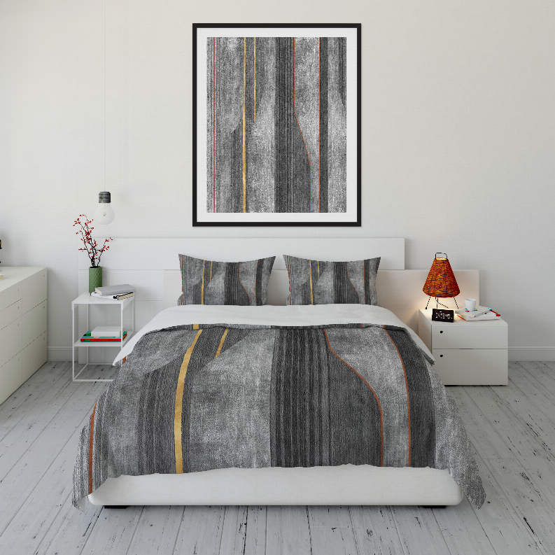 Gray comforter set with vertical stripe design and multicolor accent piping, includes shams
