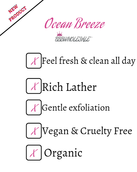 Ocean Breeze exfoliating body wash label with vegan, organic, rich lather icons
