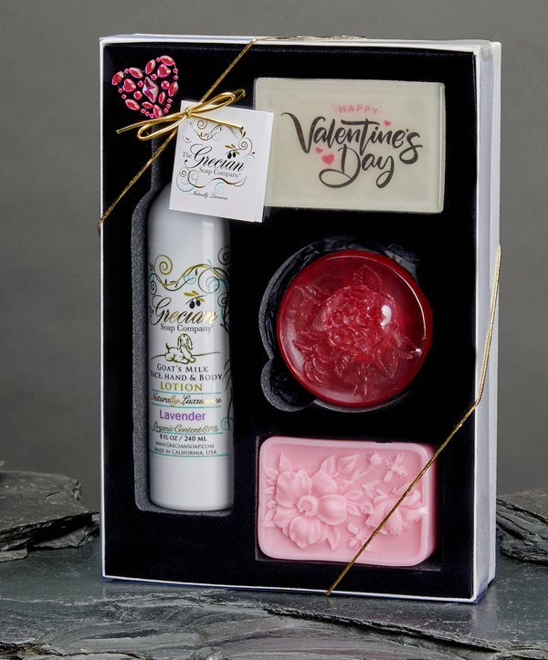 Valentine's Day gift set in box with lotion, red round soap, pink heart soap bar