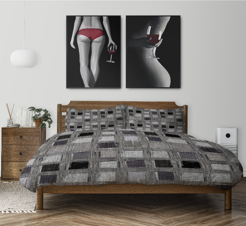 Blankets2U comforter set, gray grid quilt with black squares and two matching shams