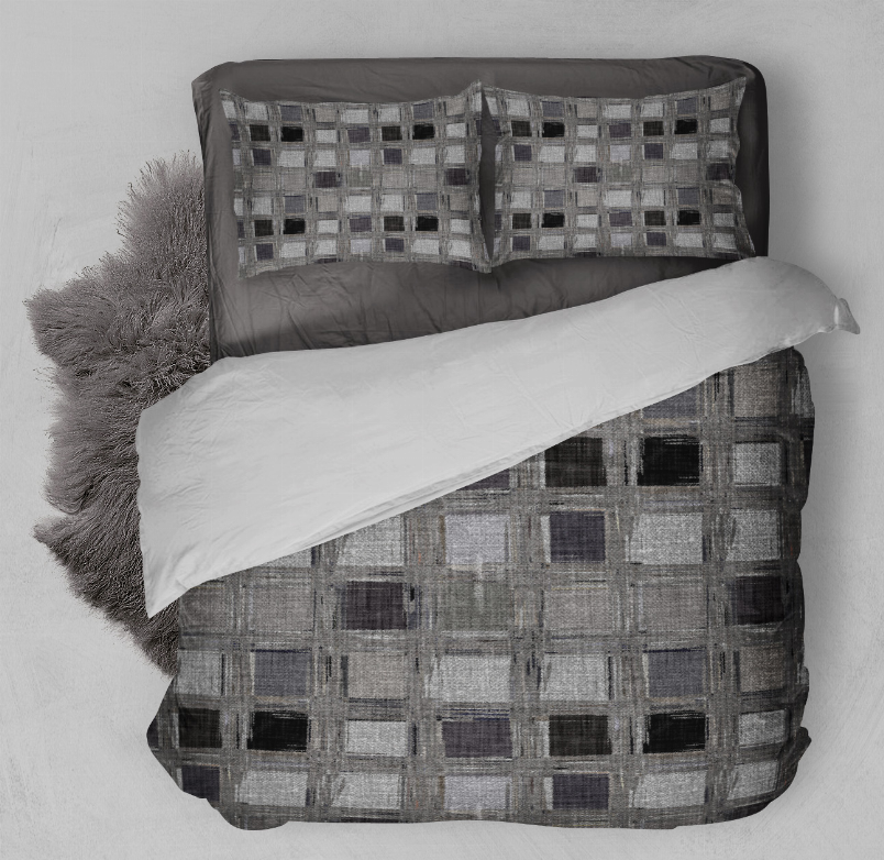 Gray and black square plaid comforter set with matching pillow shams