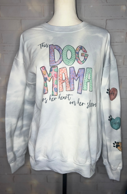 Light blue sweatshirt with 'Dog MAMA' colorful graphic and partial sleeve heart prints