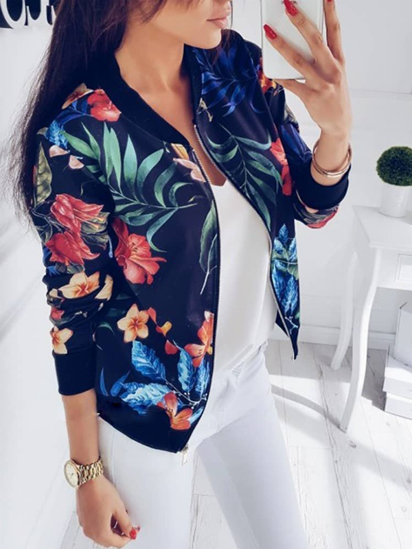 Women's floral bomber jacket with black base and long sleeves