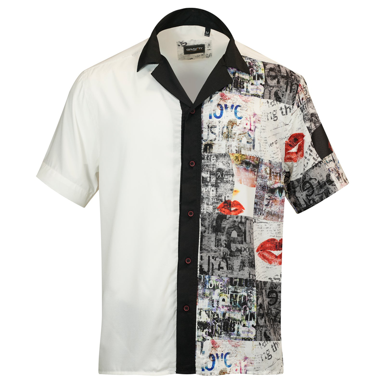 Short-sleeve button-up shirt, white and black with newspaper-print front panels