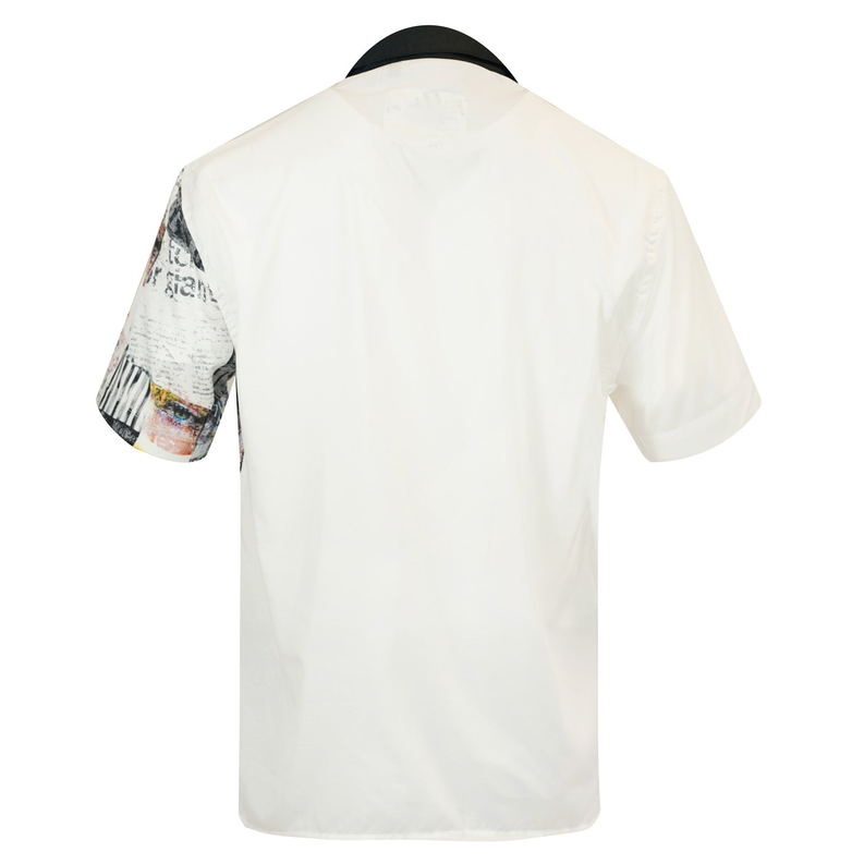 Short-sleeve button-up shirt back in white with newspaper-print sleeve detail