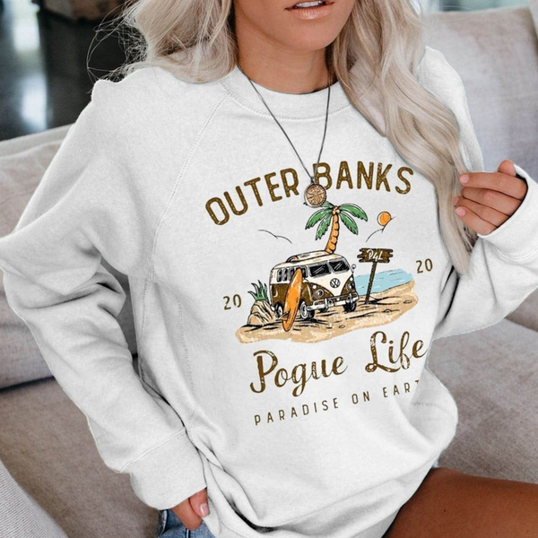 Women's crewneck sweatshirt, light gray, tropical beach graphic front print