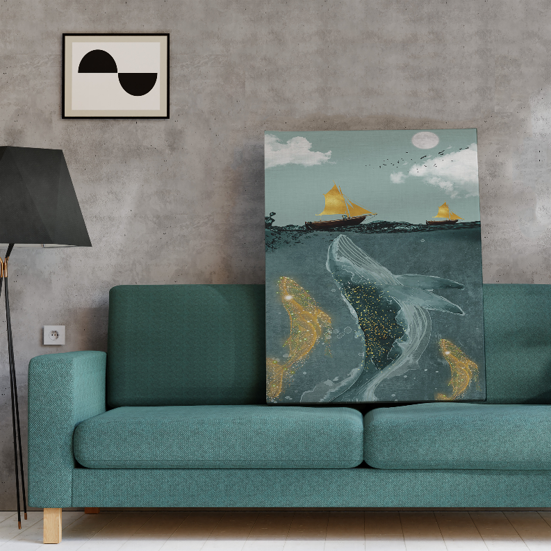 Framed art print with teal ocean whale illustration and yellow sailboats on white mat