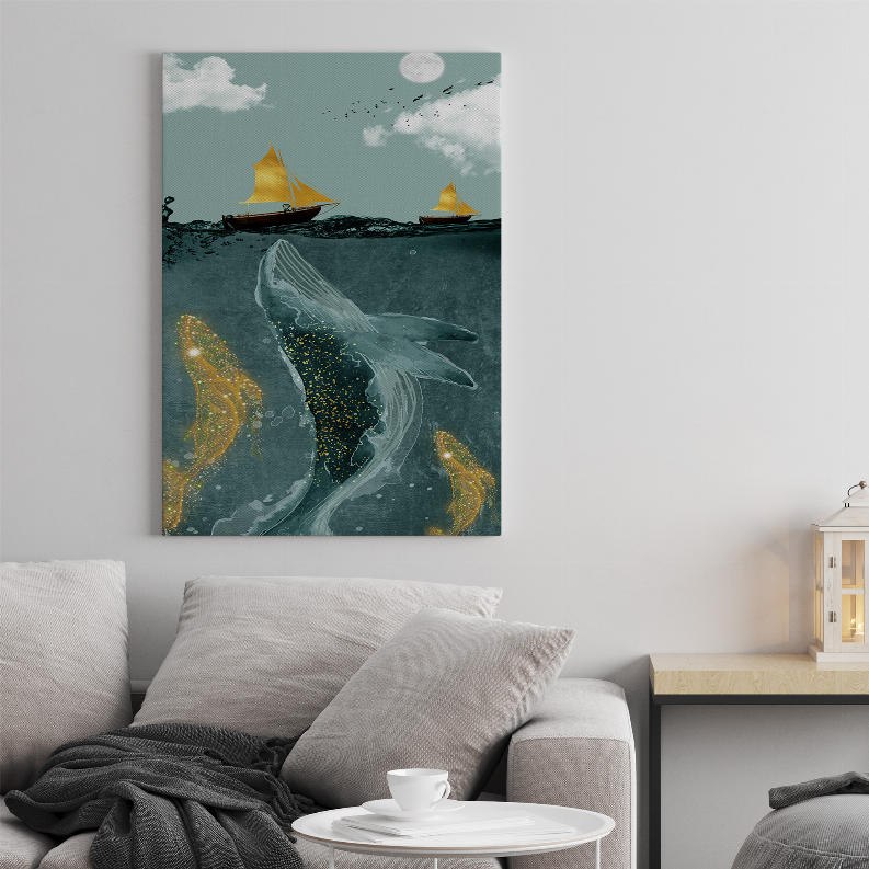 Wall-hung art print showing teal ocean whale with yellow sailboats and moon