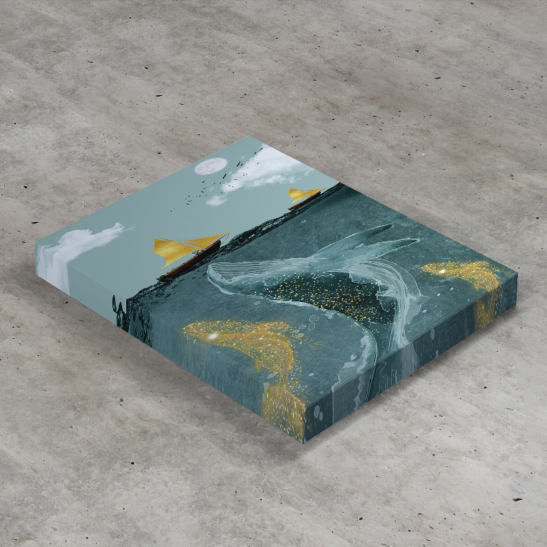 Square art print, teal ocean scene with whale tail, yellow sailboats, and full moon