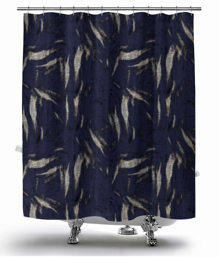Blue and beige patterned shower curtain with metal grommets and straight hem