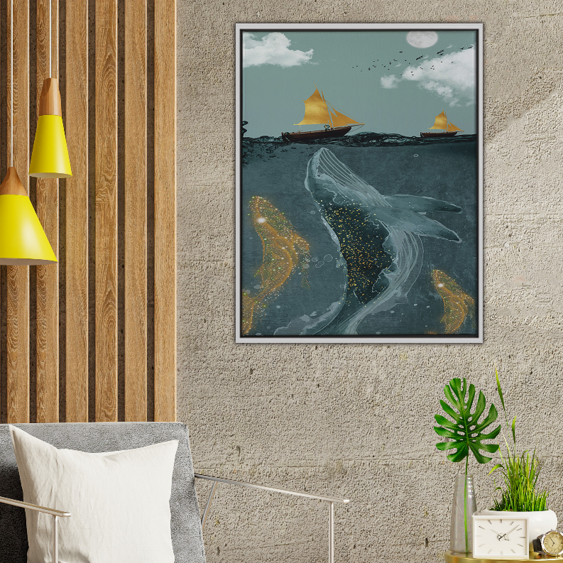 Framed ocean whale art print in teal with sailboats, silver border