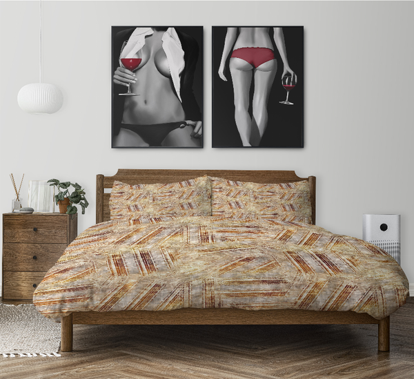 Beige geometric comforter set with gold and rust stripe pattern, includes 2 matching shams