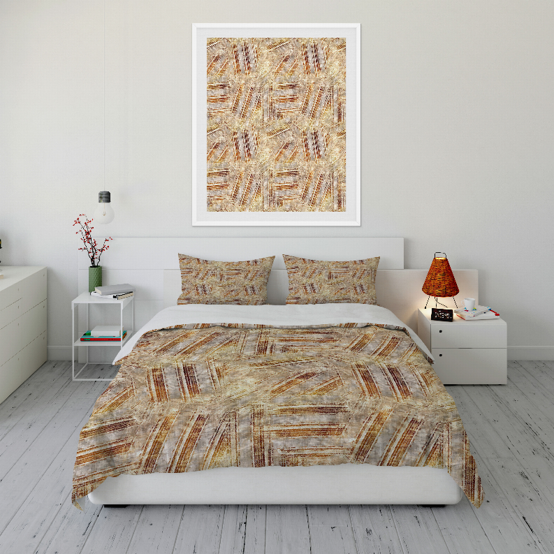 Geometric comforter set in beige with gold and rust lines, two matching square shams