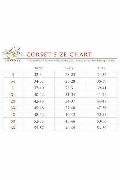 Corset size chart with bust, waist, and hips measurement table