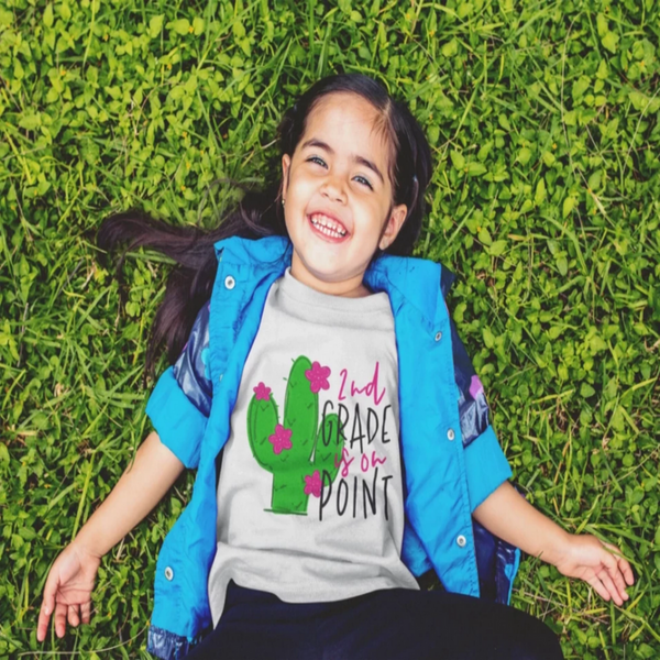 Kids cactus graphic T-shirt in heather gray with colorful cactus and 'on point' text