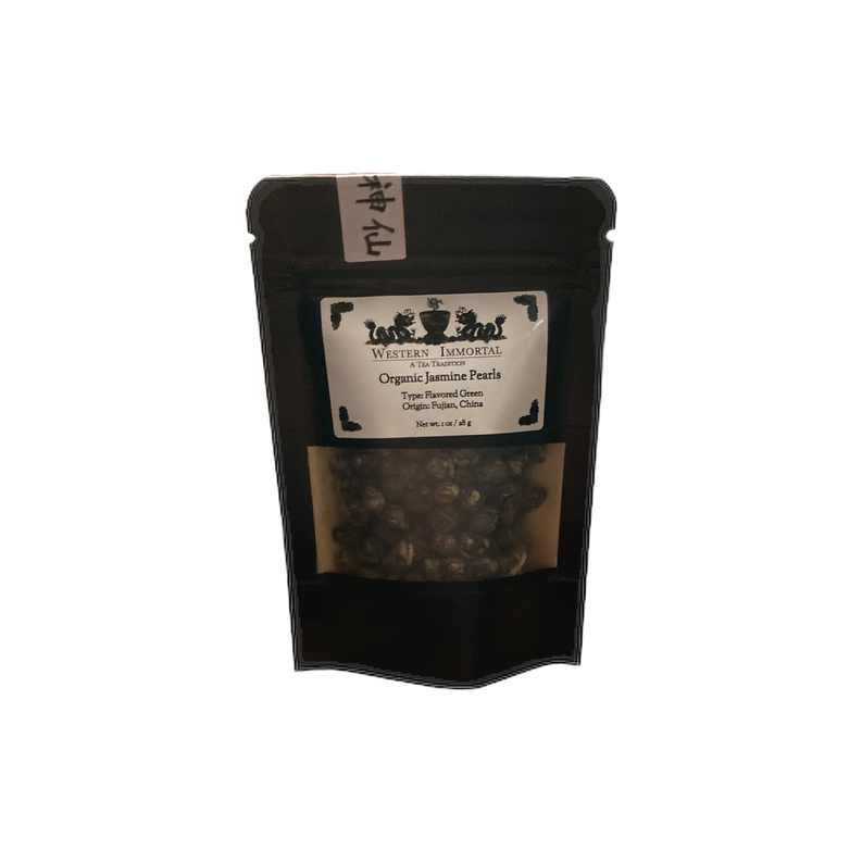 Black stand-up pouch of jasmine tea pearls with front label