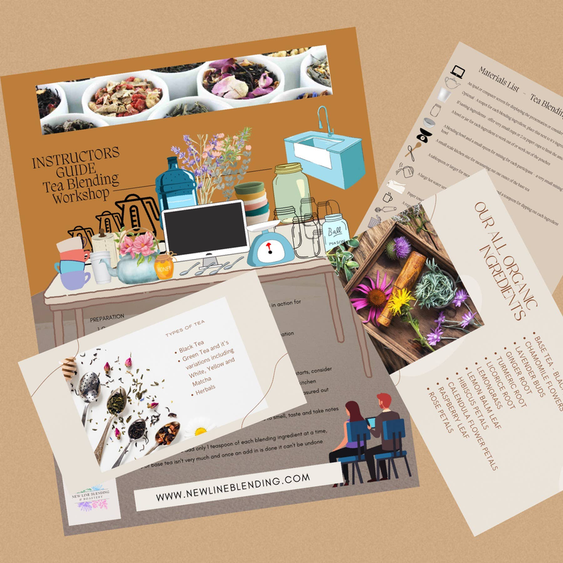 Tea blending DIY kit set with instruction cards and sample tea blends in pouch